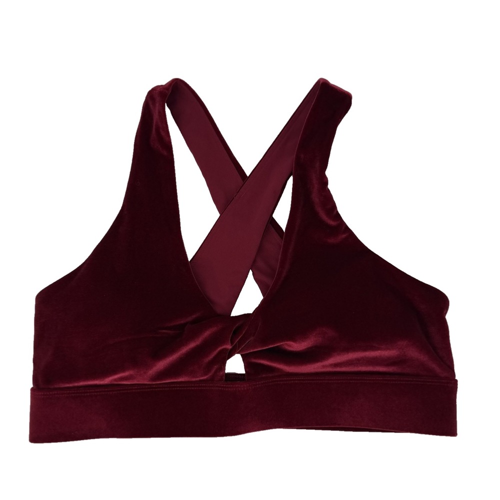 Fabletics Oasis Twist Front Red Velour Sports Bra Size L Removable Padding NWT